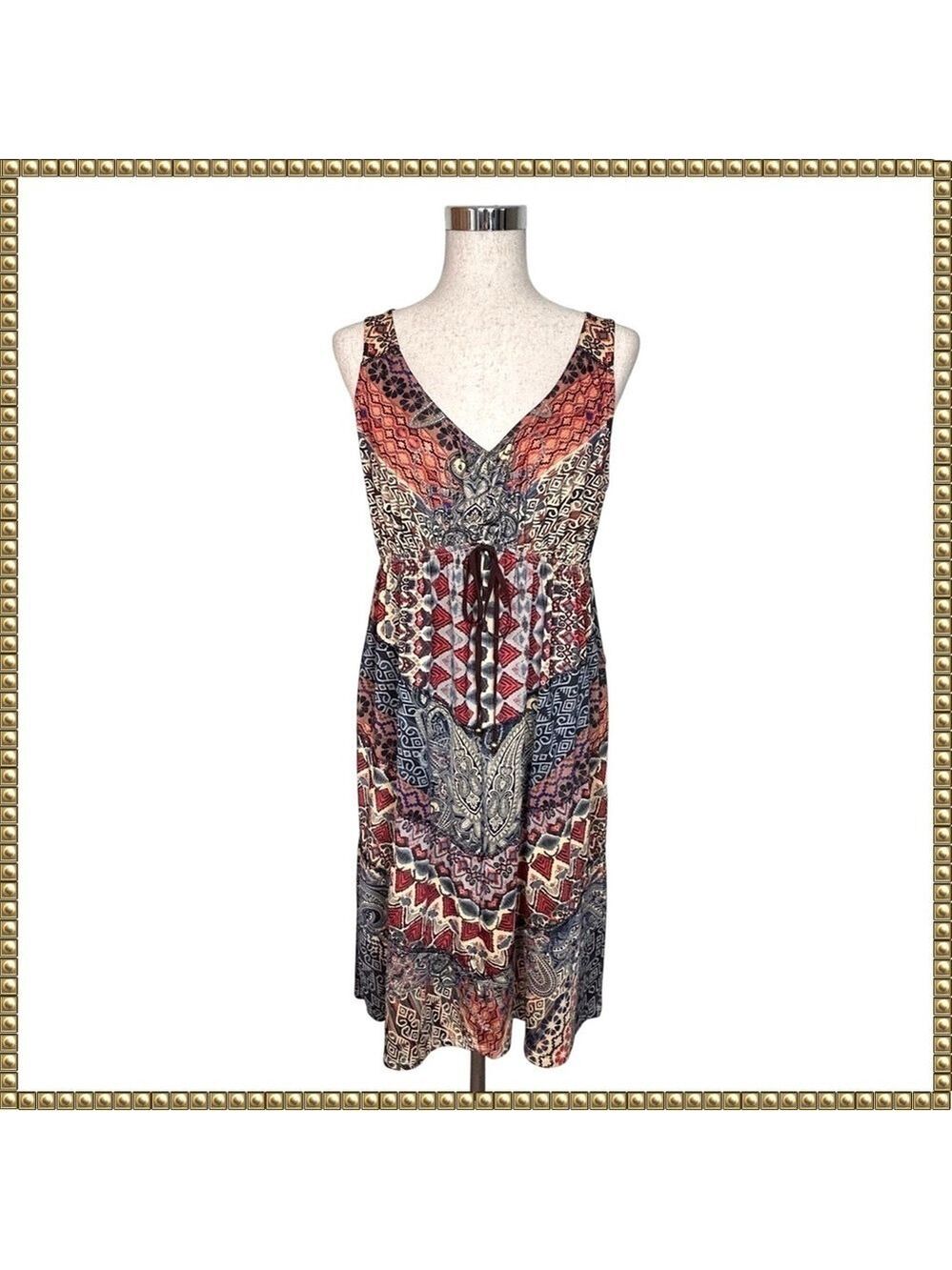 One World Boho V Neck Sleeveless Dress Large